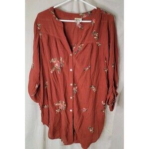 Fig and Flower Boho Embroidered Blouse Womens 2X Rust Button Front Cottagecore